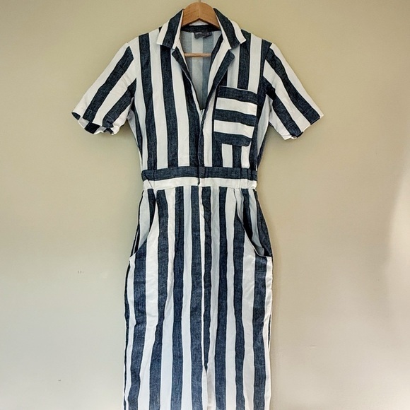 ASOS Midi Shirt Dress Size 2 Gray Ivory Stripe Cotton | V-Neck Pencil Workwear - Picture 6 of 11
